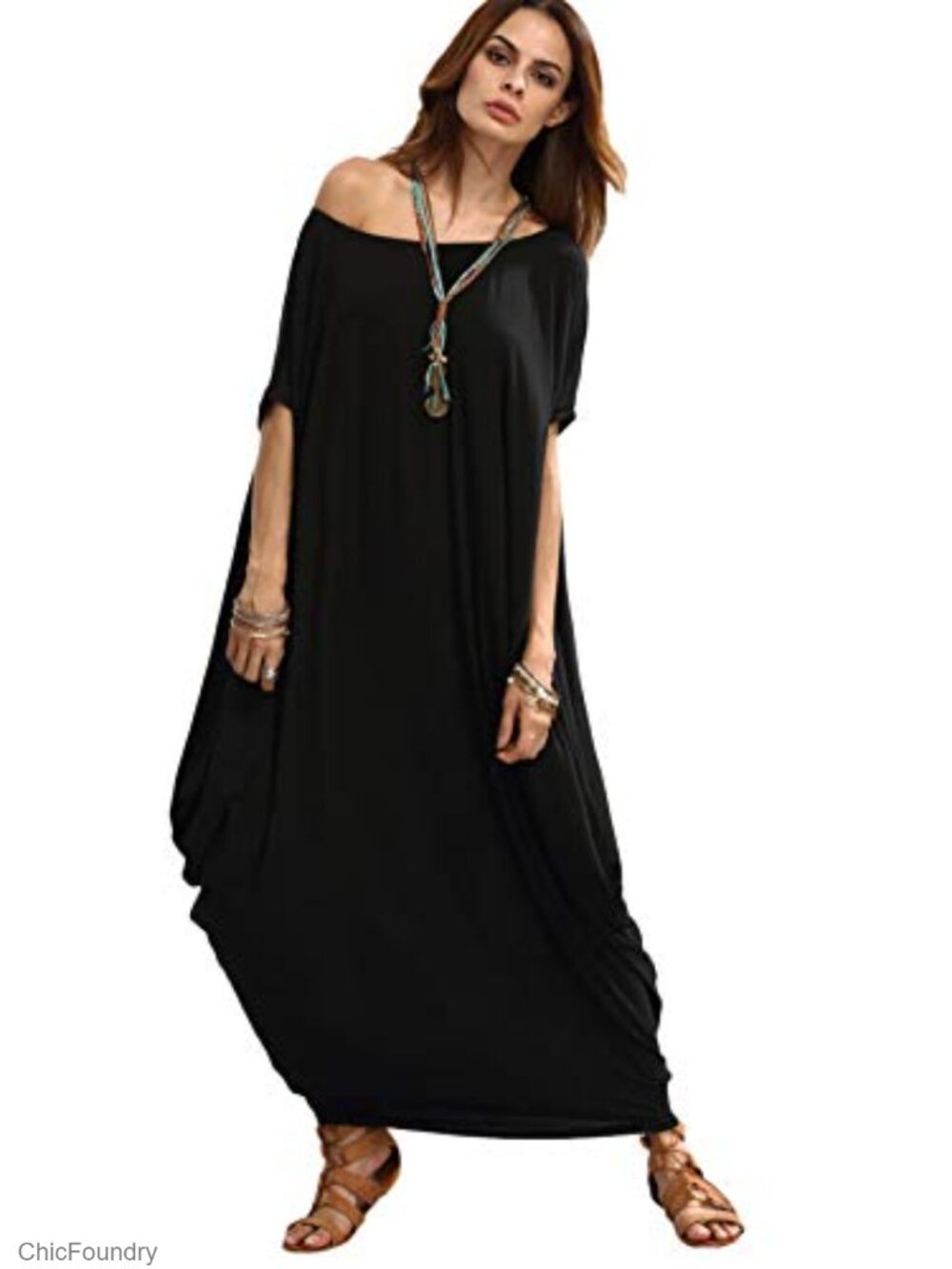 Oversized Boat Neck Dolman Sleeve Maxi Dress Moo Moos - Picture 3 of 7